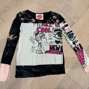 Desigual Kids Long Sleeve Graphic Tee - Black, White, Pink